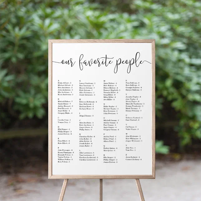 Our Favorite People Alphabetical Seating Chart Zazzle