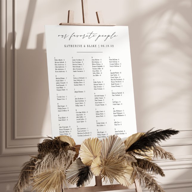 Our Favorite People | Alphabetical Seating Chart Foam Board (Elegant alphabetical wedding seating chart)