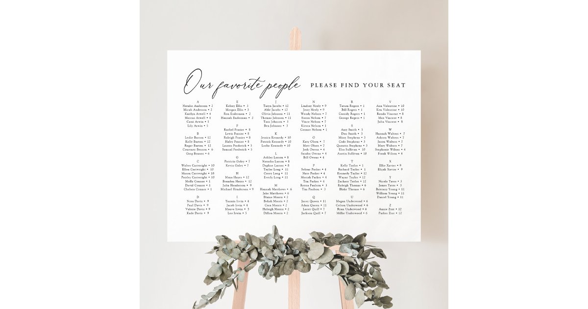 Our Favorite People Alphabetical Seating Chart Foam Board Zazzle