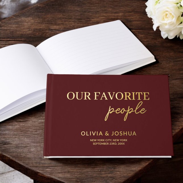 Our Favorite People Burgundy Gold Photo Wedding Foil Guest Book (Creator Uploaded)