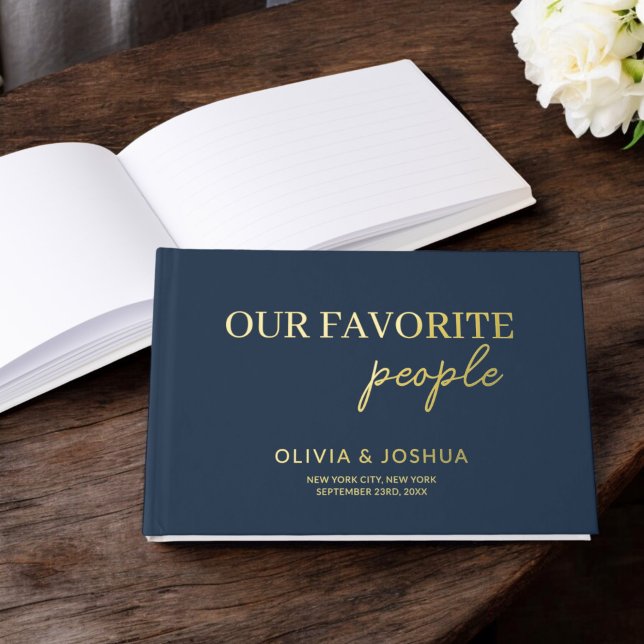 Our Favorite People Navy Blue Gold Photo Wedding Foil Guest Book (Creator Uploaded)