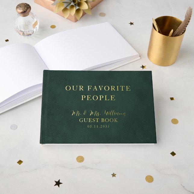 Our Favorite People Wedding Forest Green & Gold Foil Guest Book (Front Open)