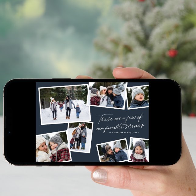 Our favorite scenes Christmas photo collage navy Holiday Card (Front Digital)