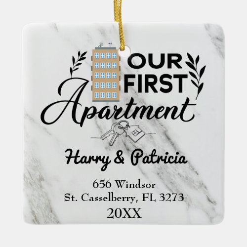 First-apartment ornament personalized with names and an address