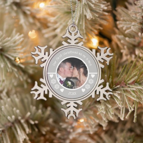 Our first as Mr and Mrs photo year grey white Snowflake Pewter Christmas Ornament