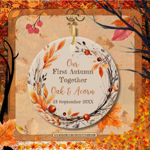 Our First Autumn Together: Name & Date Fall Wreath Ceramic Ornament