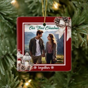 Our First Christmas 1 Photo Snow Pine Cones Ceramic Ornament