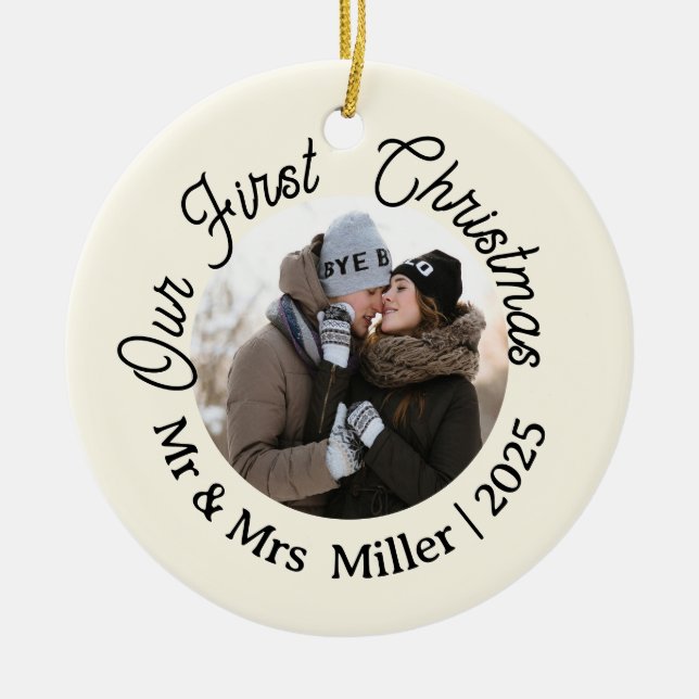 Our First Christmas 2025 Mr & Mrs Photo Keepsake Ceramic Ornament (Front)