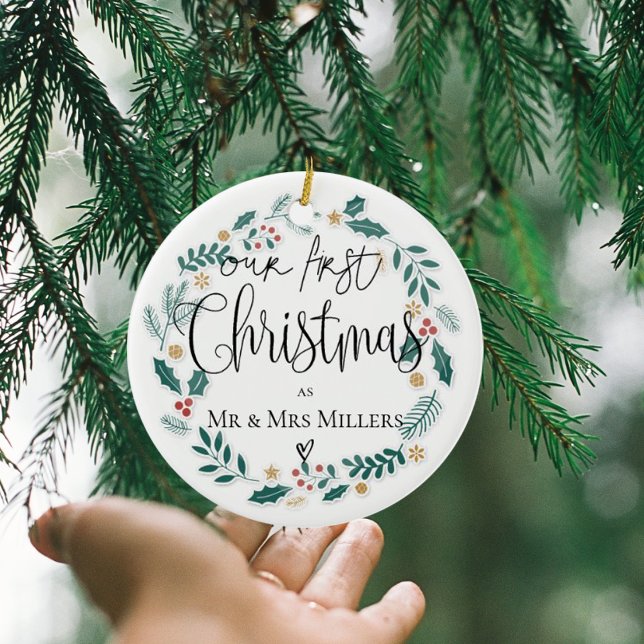 Our First Christmas 2025 Newlywed Mr & Mrs Wreath Ceramic Ornament (Our First Christmas 2025 Newlywed Mr & Mrs Wreath Ceramic Ornament)