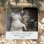 Our First Christmas 2 Cats or Any Pet Photo Square Ceramic Ornament<br><div class="desc">Celebrate the simple joys of your newest furry family members with a custom 2 photo square ceramic ornament. Kitten pictures and all text on this template are simple to personalize and can be different or the same on front and back. If preferred, change "Our First Christmas" to any wording or...</div>