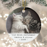 Our First Christmas 2 Cats or Any Pet Simple Photo Ceramic Ornament<br><div class="desc">Celebrate the simple joys of your newest furry family members with a custom 2 photo round ceramic ornament. Kitten pictures and all text on this template are simple to personalize and can be different or the same on front and back. If preferred, change "Our First Christmas" to any wording or...</div>