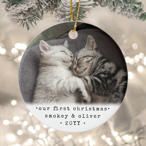 Our First Christmas 2 Cats or Any Pet Simple Photo Ceramic Ornament