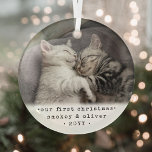 Our First Christmas 2 Cats or Any Pet Simple Photo Glass Ornament<br><div class="desc">Celebrate the simple joys of your newest furry family members with a custom photo round glass ornament. Kitten picture and all text on this template are simple to personalize. If preferred, change "Our First Christmas" to any wording or to create a memorial ornament. It can be customized to include other...</div>
