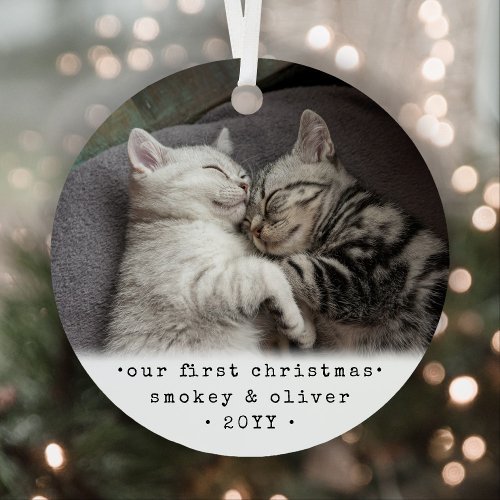 Our First Christmas 2 Cats or Any Pet Simple Photo Metal Ornament