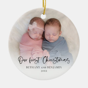 Our First Christmas 2 Photos Script Twin Baby Cera Ceramic Ornament