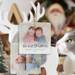 Our First Christmas 2 Photos Script Twin Baby Ceramic Ornament<br><div class="desc">Our First Christmas 2 Photos Script Twin Baby Names and Year. Great keepsake gift. A playful set script for Our First Christmas and easy to personalise with your babys' names and the year and replace the sample photos on each side with your own favorites. On the front, a gradient overlay...</div>