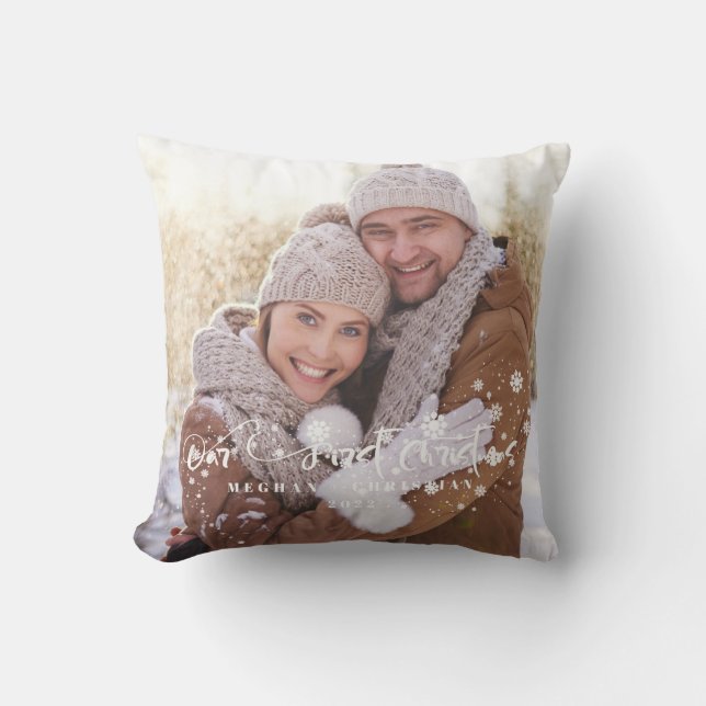 Our first Christmas 2-sided Photo Holiday   Throw Pillow (Front)