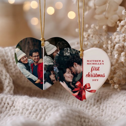 Our First Christmas 4 Photo Collage Red Bow Heart Ceramic Ornament