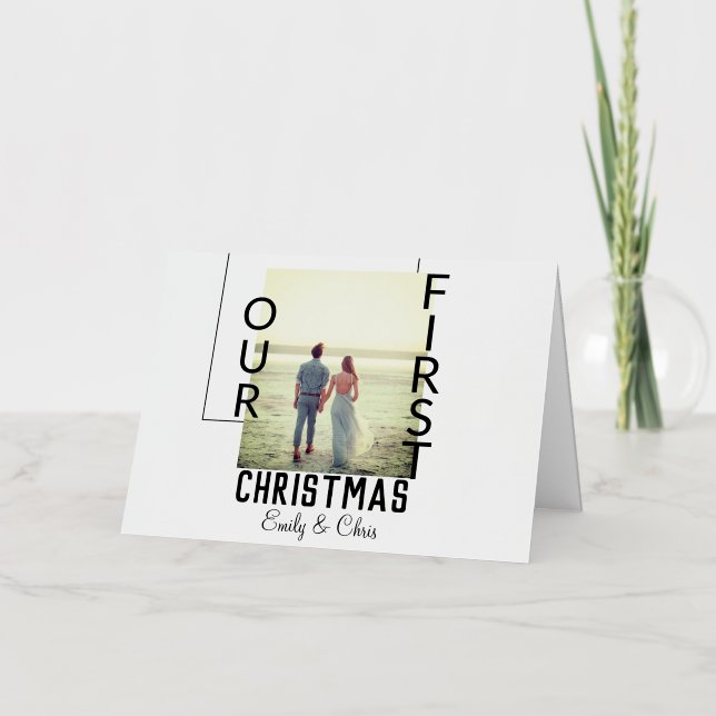 Our First Christmas add couple name photo minimal  Foil Holiday Card (Front)