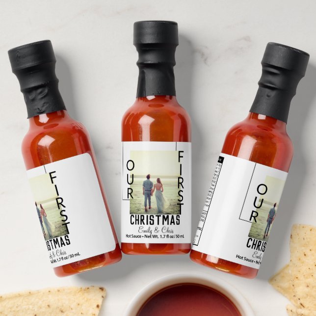Our First Christmas add couple name photo minimal  Hot Sauces (Laydown)