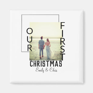 Our First Christmas add couple name photo minimal Magnet