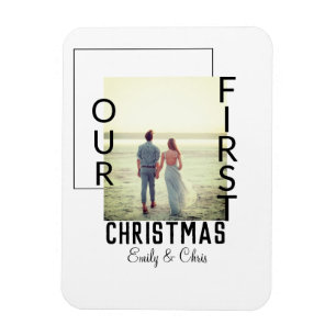 Our First Christmas add couple name photo minimal Magnet