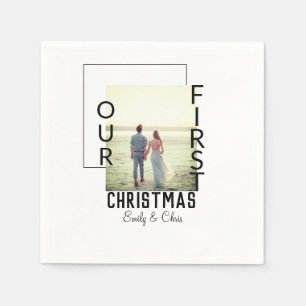 Our First Christmas add couple name photo minimal  Napkins