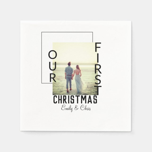 Our First Christmas add couple name photo minimal  Napkins (Front)