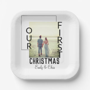 Our First Christmas add couple name photo minimal Paper Plates