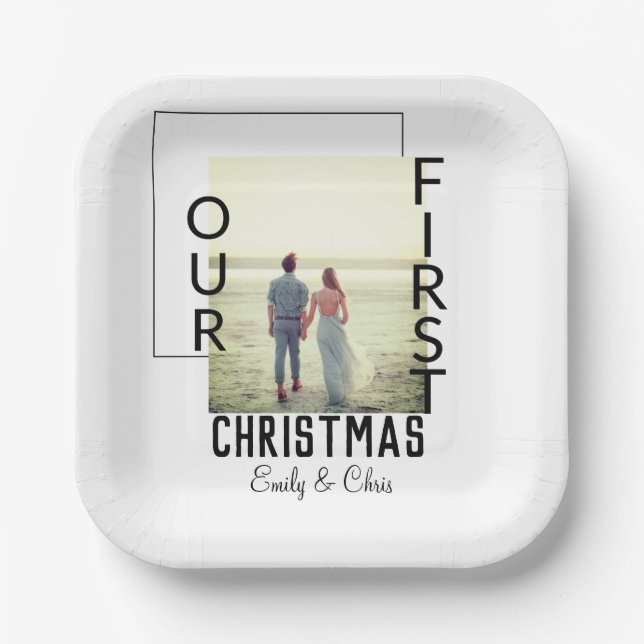 Our First Christmas add couple name photo minimal  Paper Plates (Front)
