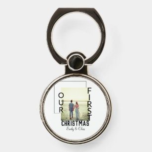 Our First Christmas add couple name photo minimal  Phone Ring Stand