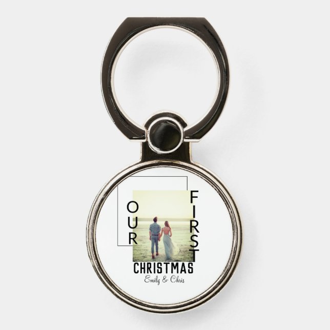 Our First Christmas add couple name photo minimal  Phone Ring Stand (Front)