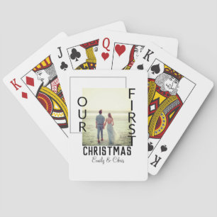 Our First Christmas add couple name photo minimal Poker Cards
