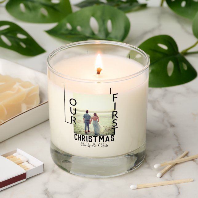 Our First Christmas add couple name photo minimal  Scented Candle (Lit)