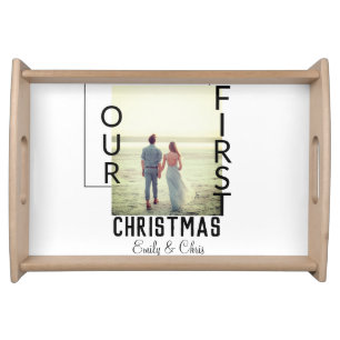 Our First Christmas add couple name photo minimal  Serving Tray