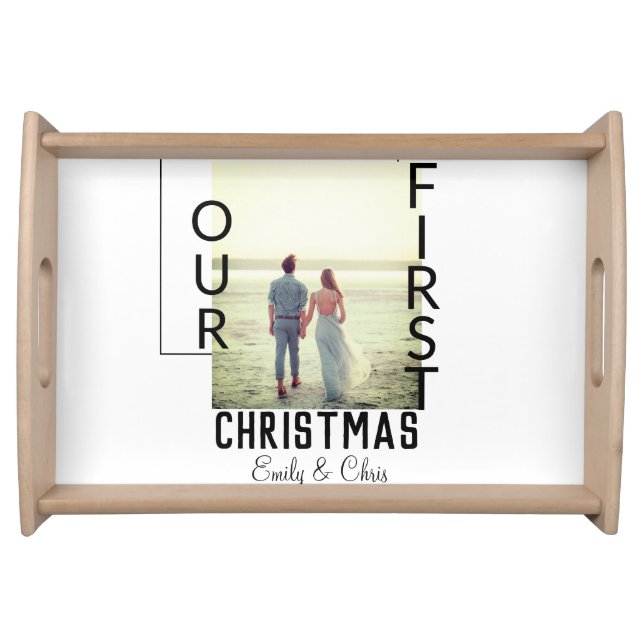 Our First Christmas add couple name photo minimal  Serving Tray (Front)