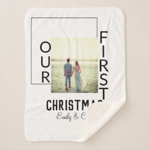 Our First Christmas add couple name photo minimal Sherpa Blanket