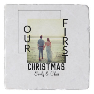 Our First Christmas add couple name photo minimal  Trivet
