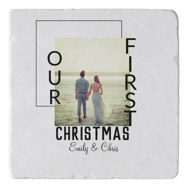 Our First Christmas add couple name photo minimal  Trivet (Front)