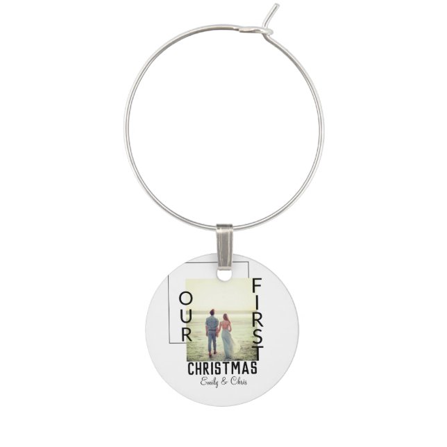 Our First Christmas add couple name photo minimal  Wine Charm (Front)
