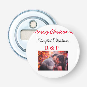 Our first Christmas add name photo wedding engaged Bottle Opener