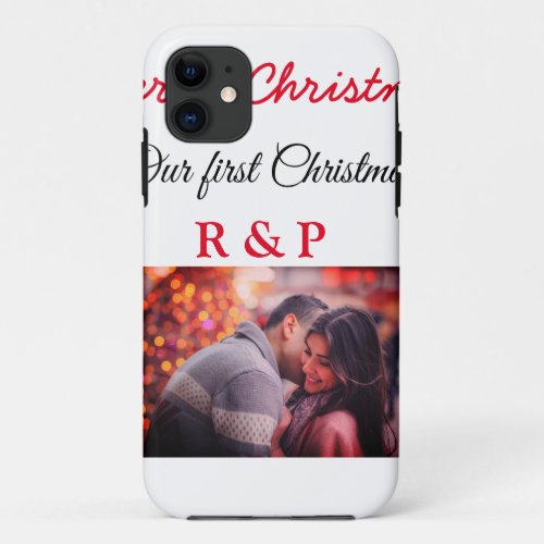 Our first Christmas add name photo wedding engaged iPhone 11 Case
