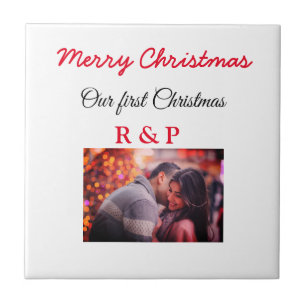 Our first Christmas add name photo wedding engaged Ceramic Tile