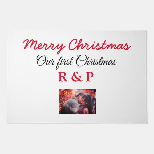 Our first Christmas add name photo wedding engaged Doormat