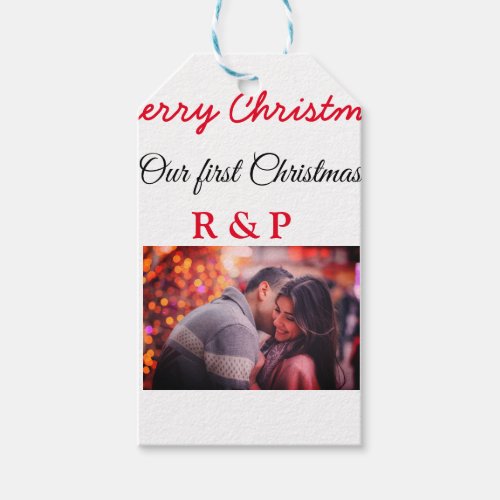 Our first Christmas add name photo wedding engaged Gift Tags
