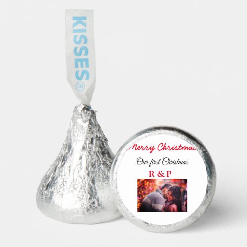 Our first Christmas add name photo wedding engaged Hersheys Kisses