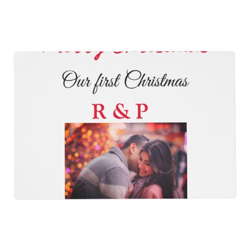 Our first Christmas add name photo wedding engaged Placemat
