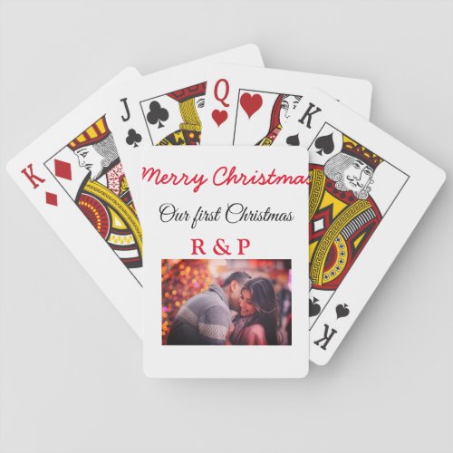 Our first Christmas add name photo wedding engaged Playing Cards