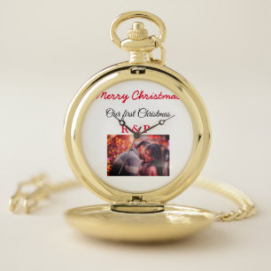 Our first Christmas add name photo wedding engaged Pocket Watch
