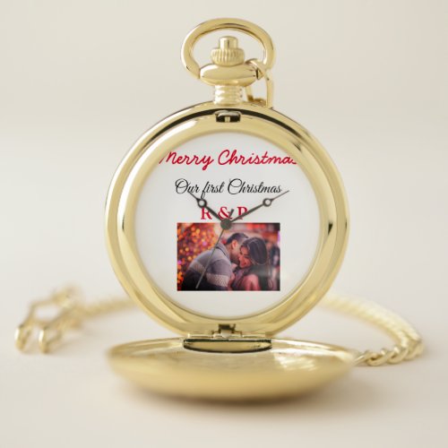 Our first Christmas add name photo wedding engaged Pocket Watch